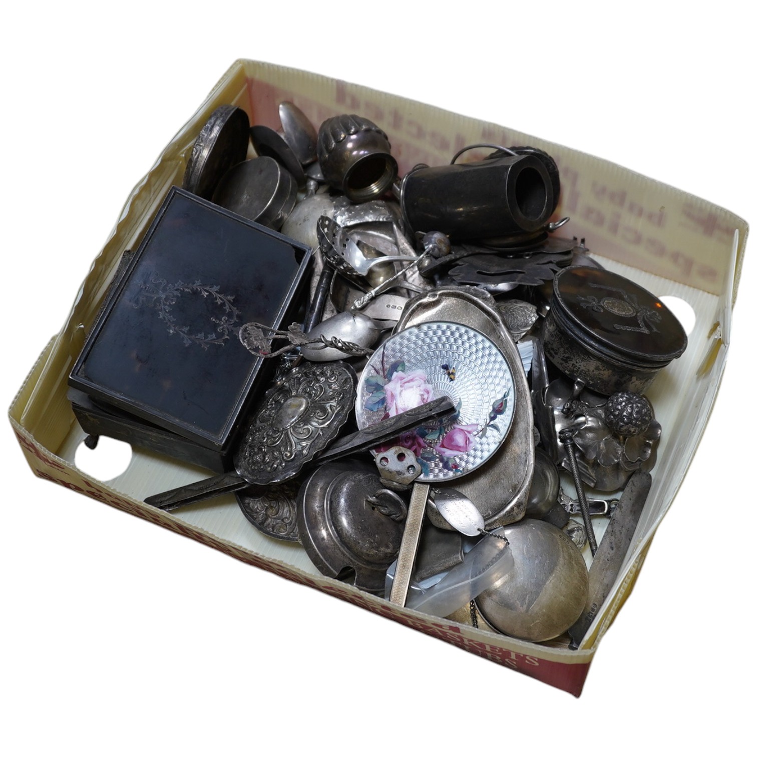 A quantity of mainly damaged silver and white metal items, including trinket boxes, flatware, napkin ring, boxes lids, Norwegian white metal and enamelled dish by Marius Hammer, etc. Condition - poor